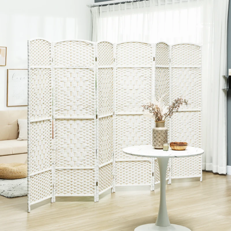 HOMCOM Folding Room Divider Screen 6 Panel 6' Tall Privacy Screen Freestanding Wood Partition for Home Office, White