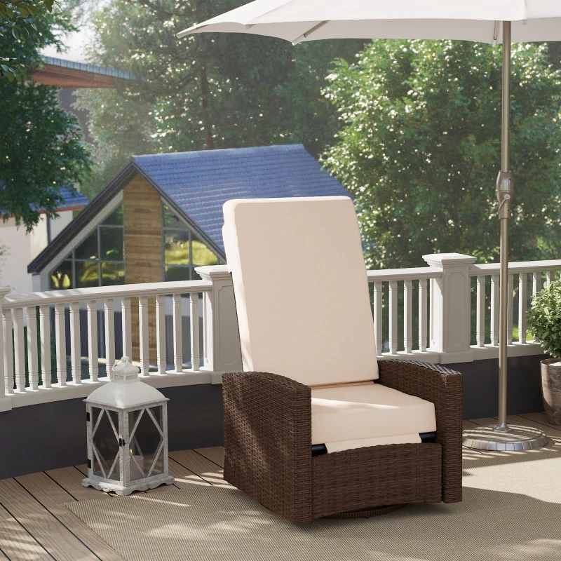 Outsunny Outdoor Wicker Swivel Recliner Chair, Lifting Footrest, 360° Rotating Basic, Water-resistant Cushions, Cream White