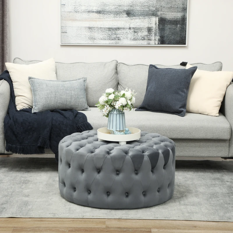HOMCOM Round Ottoman Coffee Table with Velvet-feel Upholstery, Button Tufted Design and Padded Seat, Dark Gray