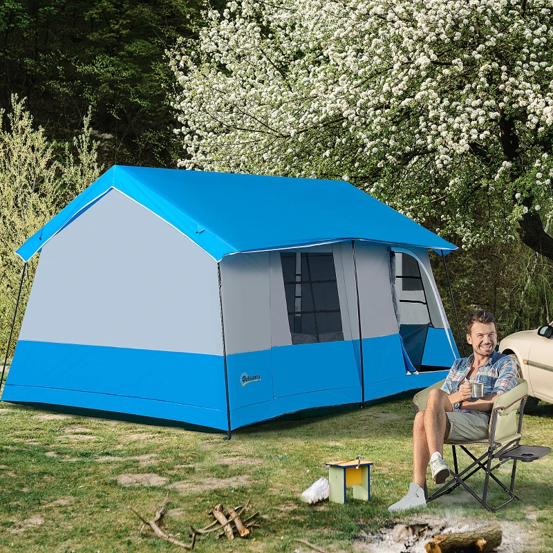 Outsunny Large Camping Tent with 10 Person Floorspace, Rain Cover & Breathable Mesh Roof, Cabin Tent 8 Person Size, Big Family Tent Camping Accessory, Blue