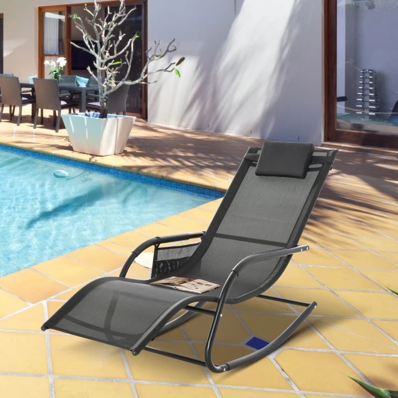 Outsunny Patio Rocking Chair with Mesh Fabric, Outdoor Rocking Sling Sun Lounger with Removable Headrest and Side Pocket for Garden, Deck, Lawn, Black