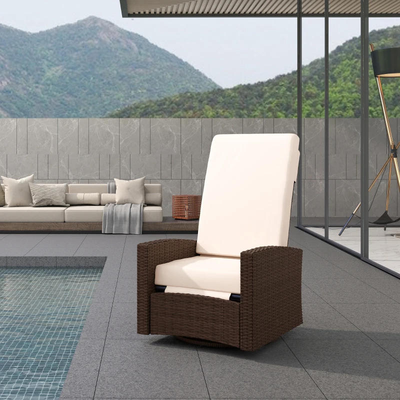 Outsunny Outdoor Wicker Swivel Recliner Chair, Lifting Footrest, 360° Rotating Basic, Water-resistant Cushions, Cream White