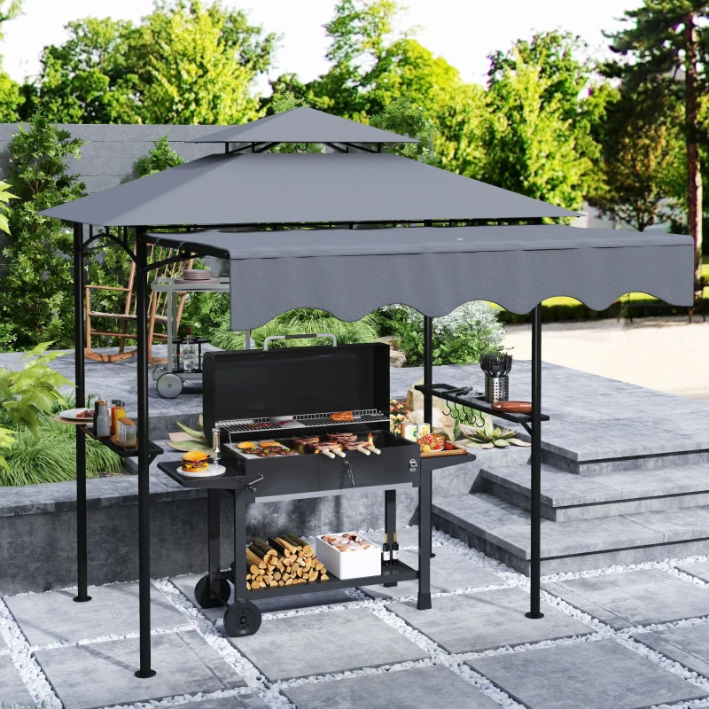 Outsunny 8' x 7.6' Outdoor Grill Gazebo, Barbecue Gazebo Shelter with Side Awning, 2 Side Shelves and 6 Hooks, Dark Gray