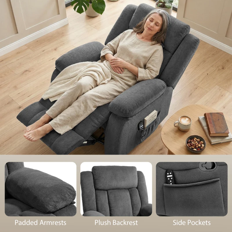 HOMCOM Recliner Massage Armchair with Heat, Oversized Swivel Rocker with Footrest, Remote and Side Pockets, Gray