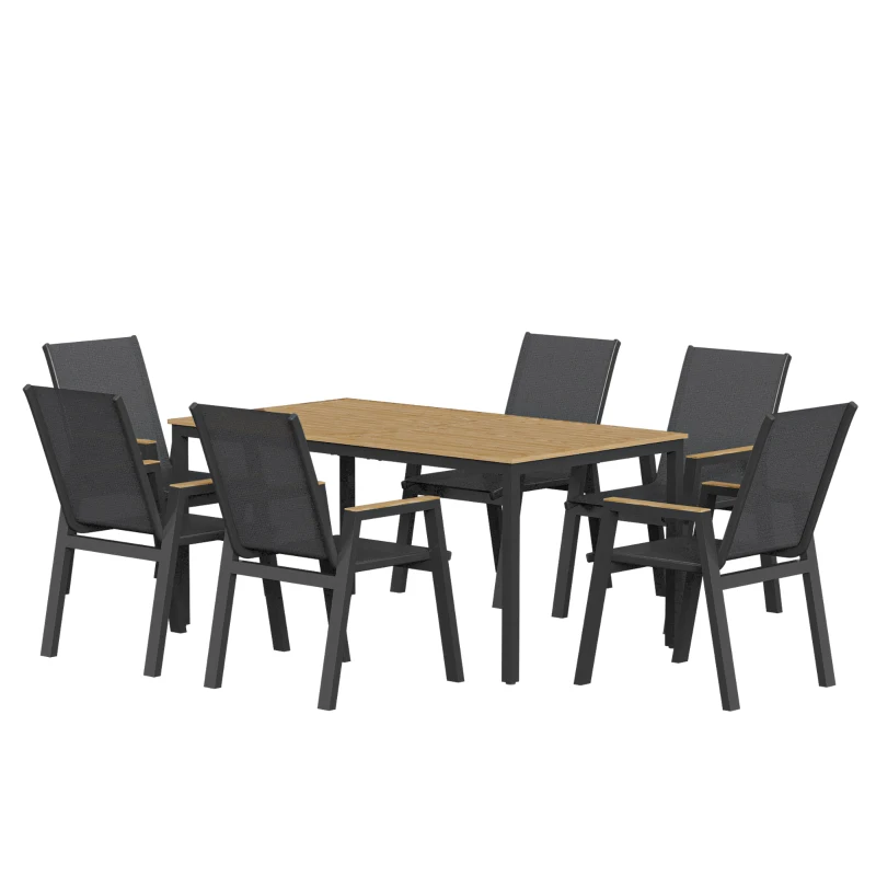 Outsunny 7 Piece Outdoor Dining Set, Rectangle Patio Table and 6 Mesh Chairs with Slatted Tabletop for Backyard, Deck, Garden