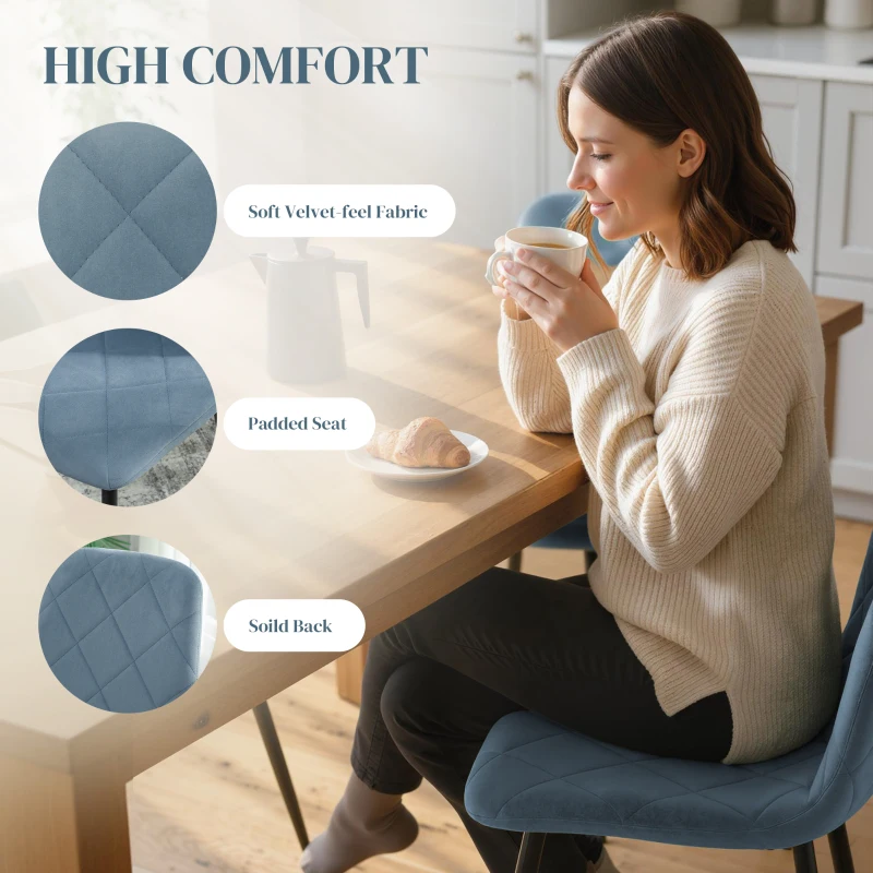 HOMCOM Dining Chairs Set of 4, Upholstered Dining Room Chairs with Steel Legs, Modern Kitchen Chair for Dining Room, Light Blue