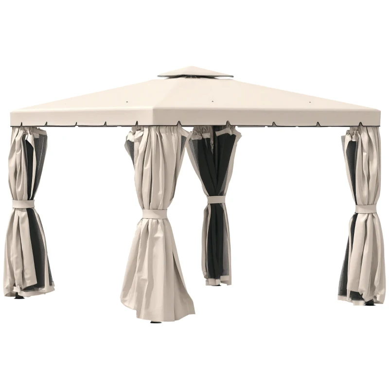 Outsunny 9.7' x 9.7' Outdoor Patio Gazebo, Double Roof Aluminum Frame Garden Gazebo Canopy Shelter Tent with Netting and Curtains for Lawn, Backyard, Deck, Cream White