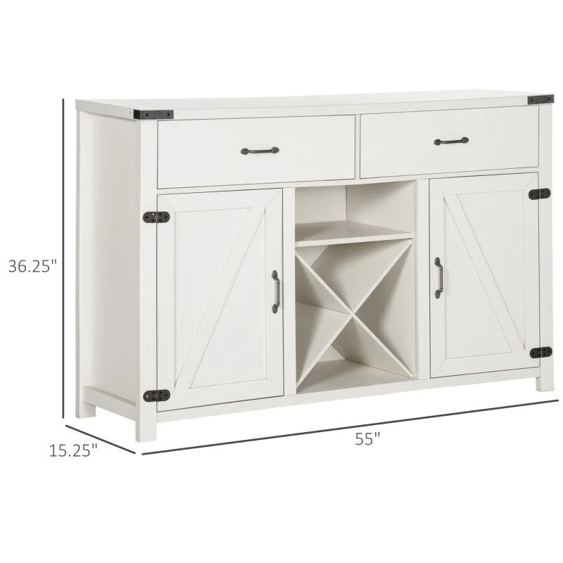 HOMCOM Farmhouse Coffee Bar Cabinet, Sideboard Buffet Cabinet Wine Cabinet with Drawers, Barn Style Doors, Wine Rack, White