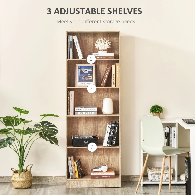 HOMCOM 5-Tier Bookcase, Storage Bookshelf with Adjustable Shelves, Display Shelves for Living Room, Home Office, Nature Wood