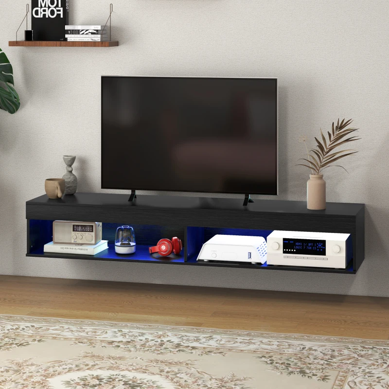 HOMCOM Modern Wall Mounted TV Stand with Storage and LED Lights for TVs up to 75", Floating TV Shelf for Living Room, Black(m-8)