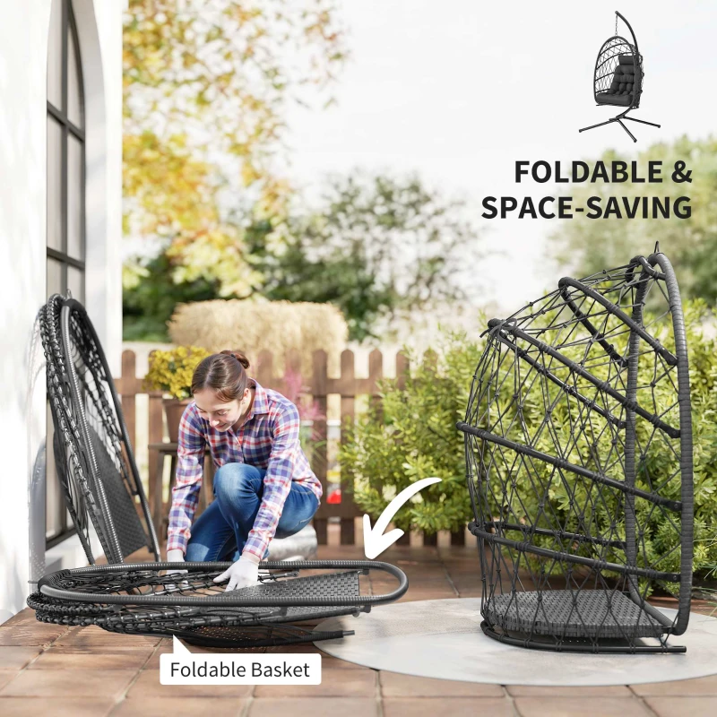Outsunny Hanging Egg Chair with Stand, Foldable Wicker Rattan Swing Chair with Thick Cushion and Safety Rope, Black