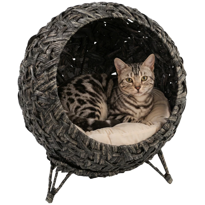 PawHut Rattan Cat Bed, Elevated Handwoven Cat Basket Bed with Soft Cushion and Metal Base