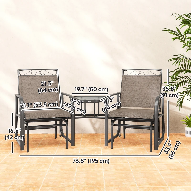 Outsunny Outdoor Glider Bench with Coffee Table, Patio 2-Seat Rocking Chair Swing Loveseat with Breathable Sling for Backyard Garden Porch, Brown