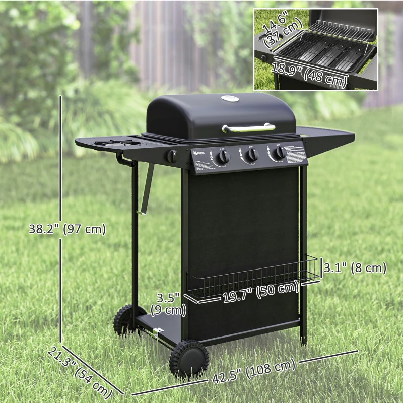 Outsunny 3+1 Burner Propane Gas BBQ Grill, Portable Gas Barbecue Grill with Side Burner, Thermometer, Lid, Side Table, Shelf, Spice Rack, Wheels, Grease Cup for Garden, Black