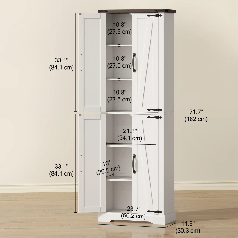 HOMCOM 72" Pantry Cabinet, Farmhouse Freestanding Kitchen Storage Cabinet with Adjustable Shelves for Dining Room, White