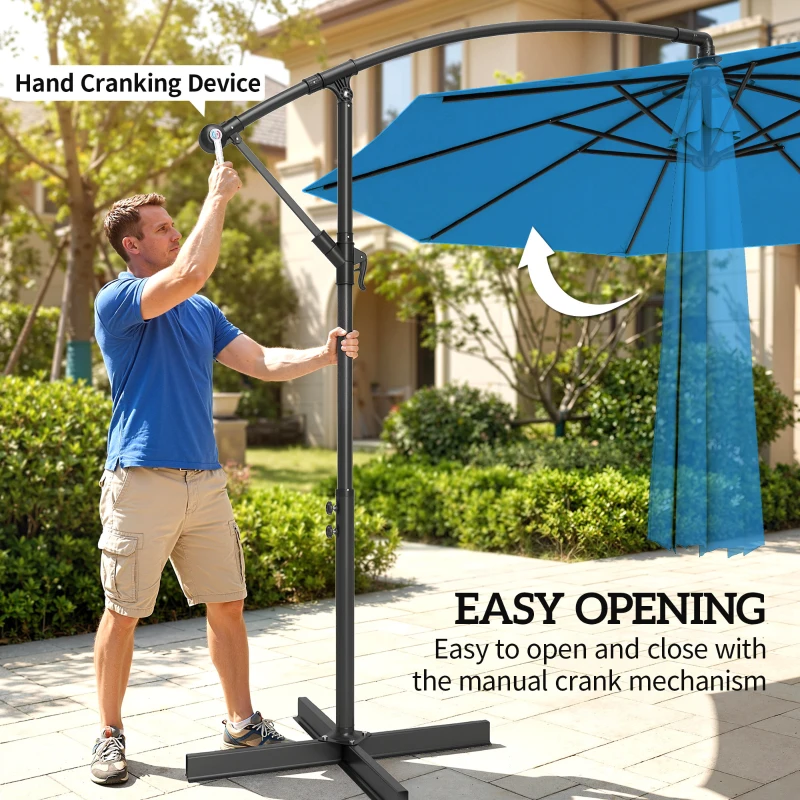Outsunny 10ft Offset Patio Umbrella with Base, Garden Hanging Parasol with Crank, Banana Cantilever Umbrella Sun Shade, Blue