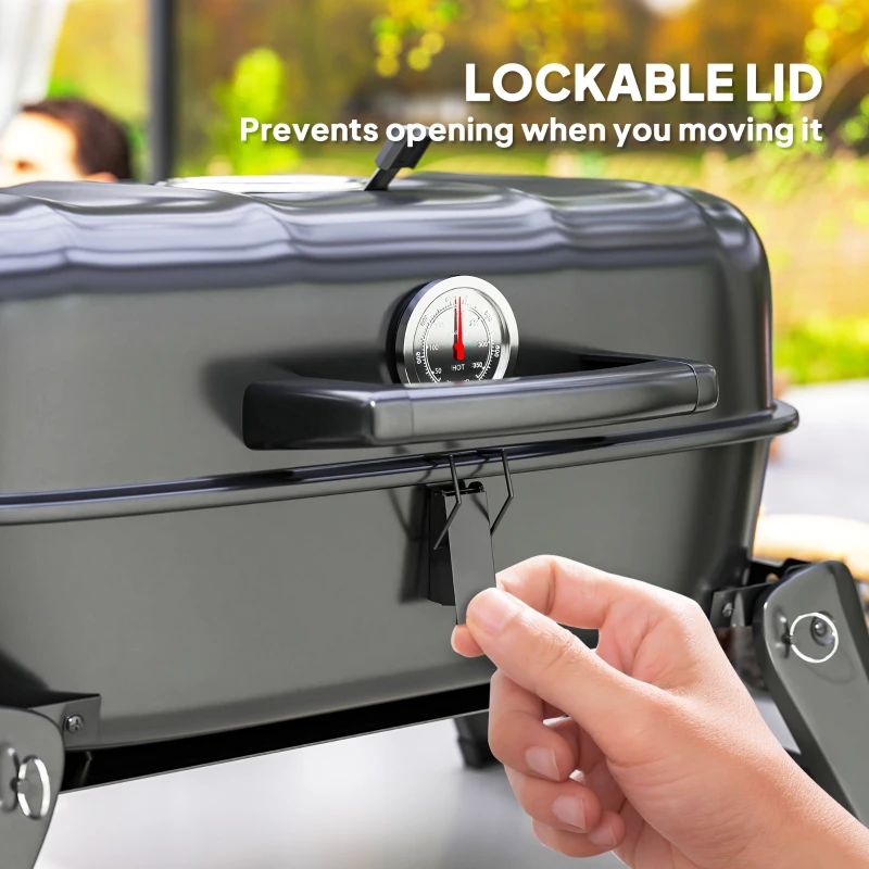 Outsunny Charcoal BBQ Grill, Foldable Barbecue Grill with Warming Rack, Adjustable Vent, Thermometer, Handles, Black