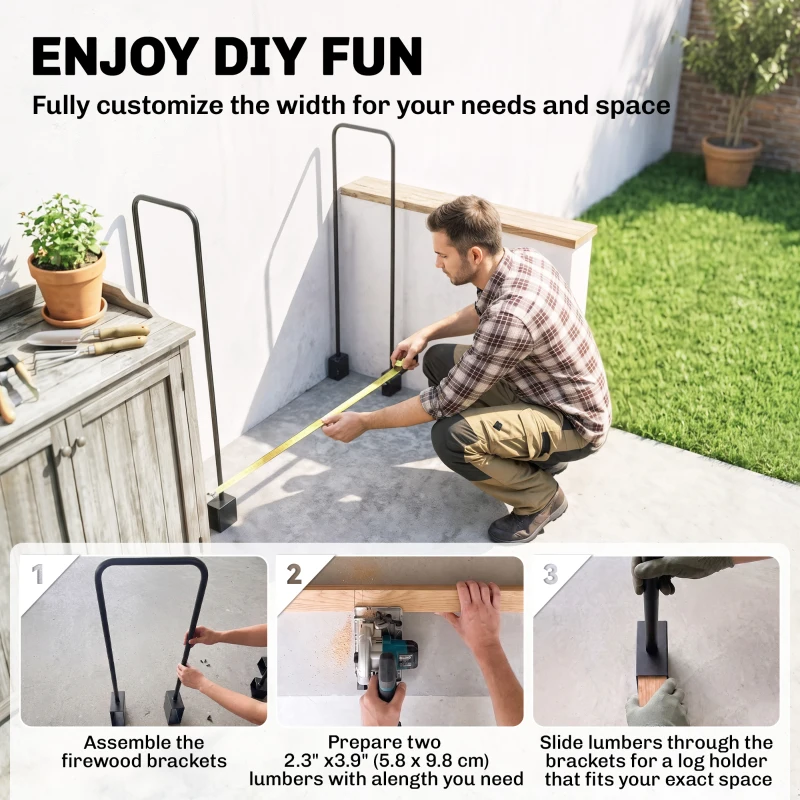 Outsunny DIY Firewood Rack with Customisable Width, Heavy Duty Steel Log Store Indoors, Log Storage Bracket Holder, Black