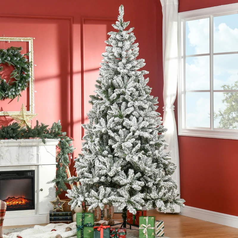 HOMCOM 7.5' Tall Unlit Snow Flocked Pine Artificial Christmas Tree with Realistic Branches, Green