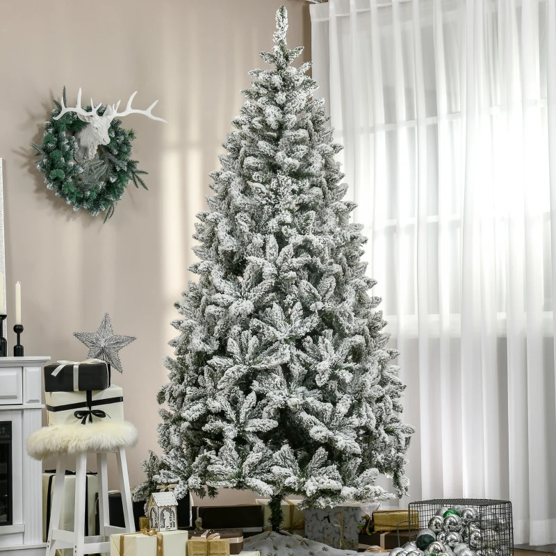 HOMCOM 7.5' Tall Unlit Snow Flocked Pine Artificial Christmas Tree with Realistic Branches, Green