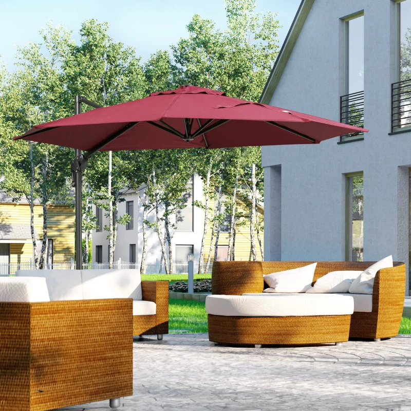 Outsunny 10ft Offset Patio Umbrella with Base, Hanging Aluminum and Steel Cantilever Umbrella with 360° Rotation, Easy Tilt, 8 Ribs, Crank, Cross Base for Poolside, Garden, Red