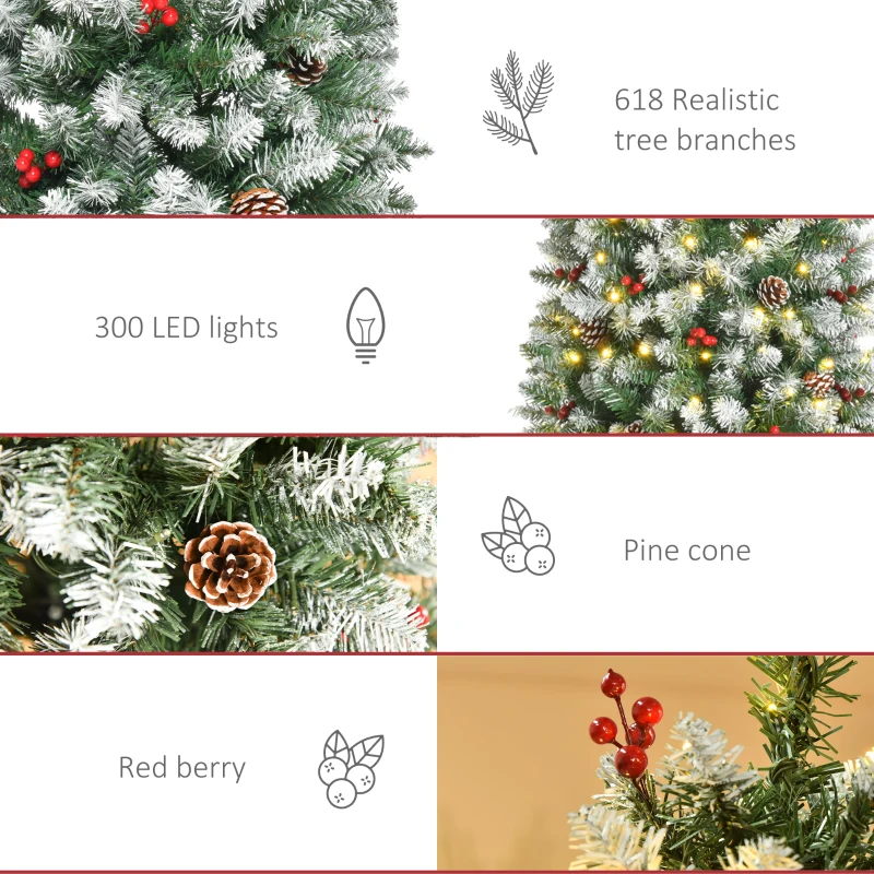 HOMCOM 6ft Pre-Lit Snow-Dipped Artificial Christmas Tree with Realistic Branches, 300 LED Lights, Pine Cones, Red Berries and 618 Tips