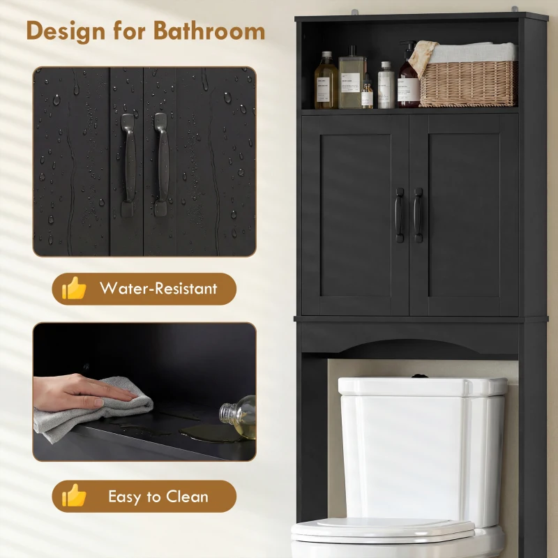 HOMCOM Over The Toilet Storage Shelf Freestanding Bathroom Organizer with 2 Doors and Open Shelf Black