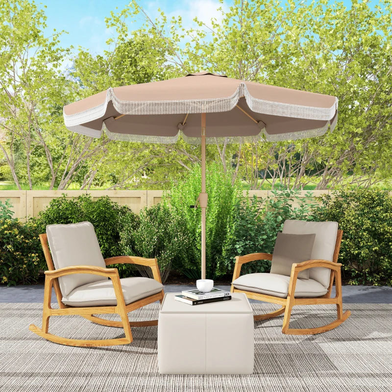 Outsunny 9 ft Patio Umbrella with Push Button Tilt and Crank, Fringed Outdoor Market Table Umbrella Parasol, Khaki