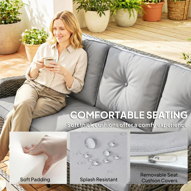 Outsunny Wicker Patio Sofa with Cushions, 3 Seater Rattan Outdoor Couch for Patio, Garden, Porch, Backyard, Light Grey