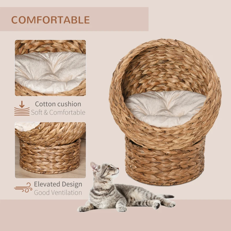 PawHut Handwoven Elevated Cat Bed with Soft Cushion & Egg Chair Shape, Basket Bed Kitty House with Stand, Raised Wicker House for Indoor Cats, 23.5" H, Light Brown