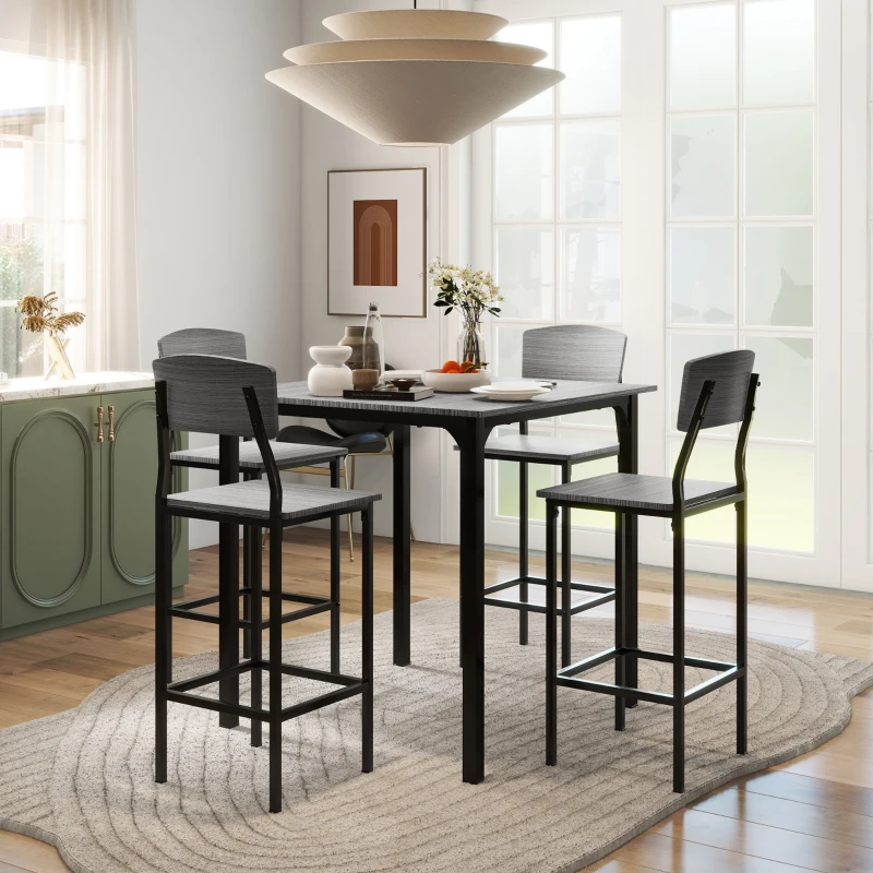 HOMCOM 5-Piece Counter Height Bar Table with Space-Saving Design, Square Kitchen Table and Chairs Set with Footrest, Metal Legs, Industrial Dining Table Set for 4, Gray