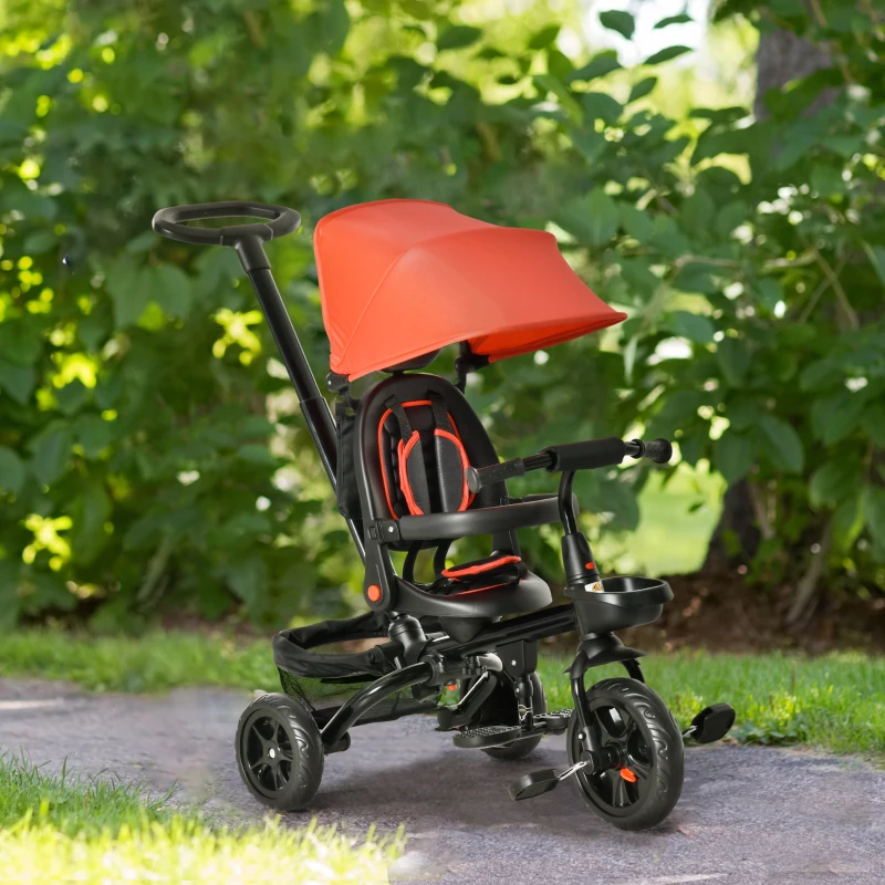 Qaba Tricycle for Toddler 5 in 1 Kids Trike, Foldable Converts Stroller to Toddler Bike, Adjustable Backrest & Curved Canopy, Detachable Guardrail & Handle for 1-5 Years Old, Red