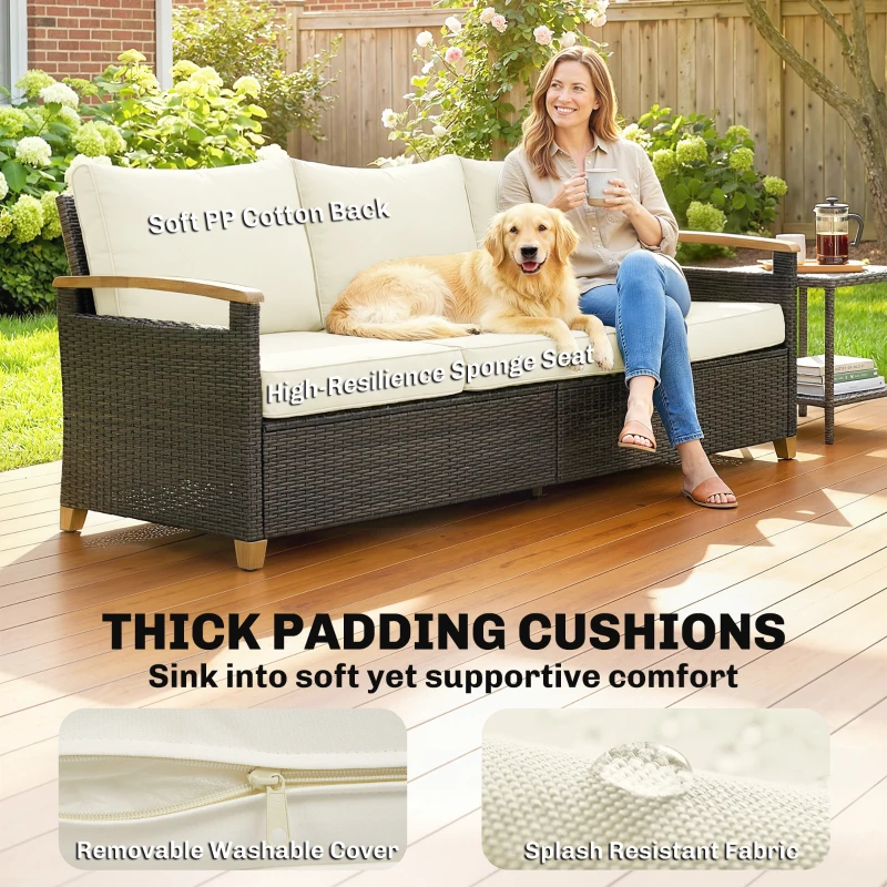 Outsunny 3 Seater Outdoor Couch Sofa, PE Wicker Patio Furniture Couch, Wide Seat, 4" Cushions, Wood-Effect Armrests, Cream White
