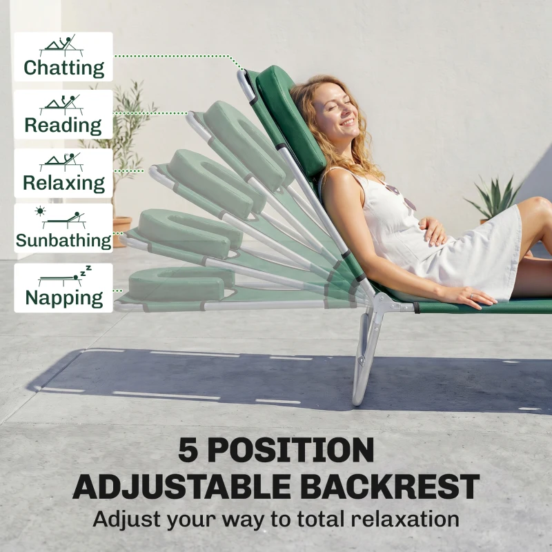 Outsunny Folding Lounge Chair Outdoor, Tanning Chair with Face Hole Arm Slots, Beach Chaise Lounger with Pillow, 5-Position Adjustable Portable Sun Lounger Bed for Pool, Green