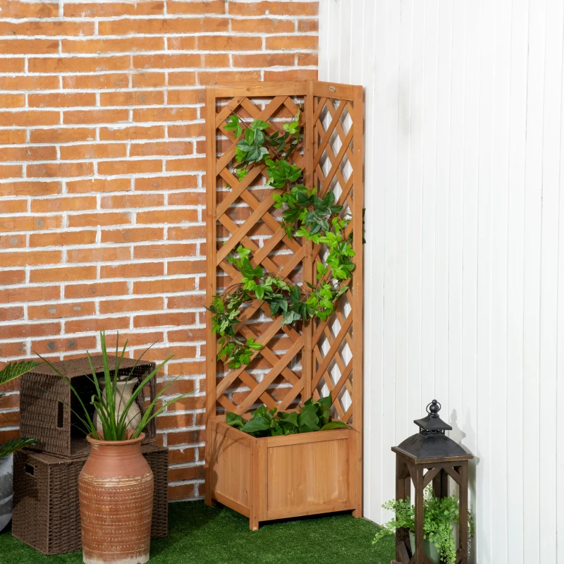 Outsunny Raised Garden Bed Wood Planter with Trellis for Vine Climbing, 16" x 16" x 57", Brown
