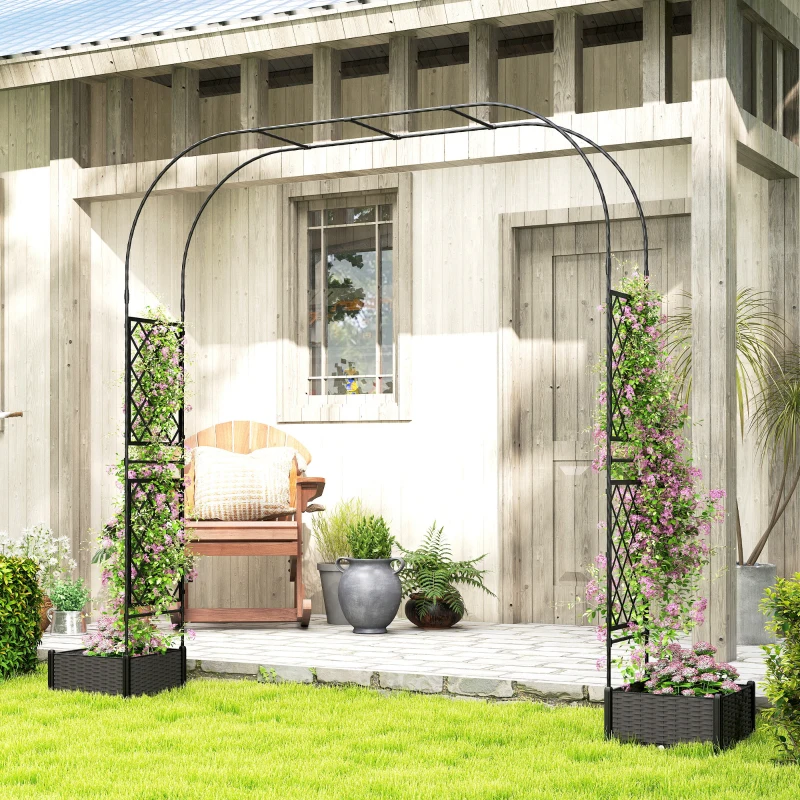 Outsunny Garden Arch Outdoor Trellis Arbor with 2 Planter Boxes, 109.4" x 15.7" x 86.6", Black