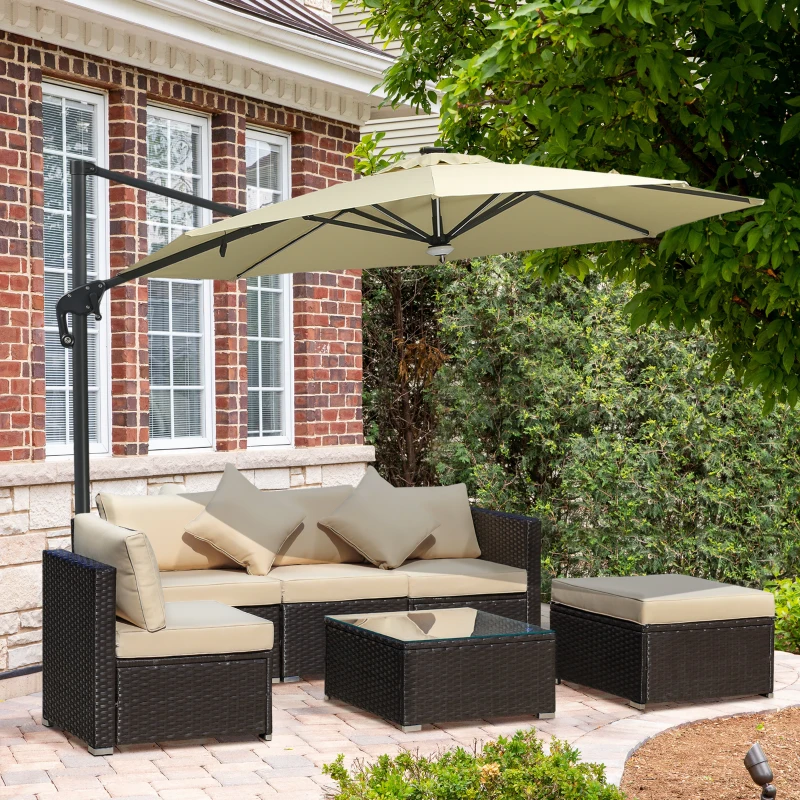 Outsunny 6 Piece Patio Furniture Set Outdoor Wicker Conversation Set All Weather PE Rattan Sectional Sofa Set with Ottoman, Cushions and Tempered Glass Table, Coffee and Beige