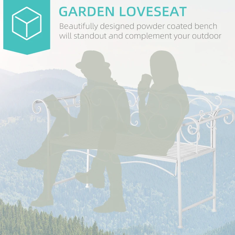 Outsunny 50" 2-Person Metal Garden Bench Outdoor Loveseat Yard Decorative Chair Park Seat Patio Furniture White