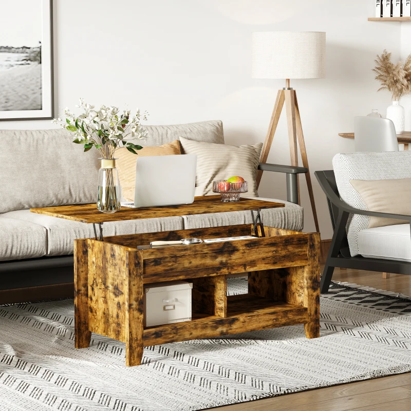 HOMCOM 42" Lift Top Coffee Table with Hidden Storage Compartment and Open Shelves, Lift Tabletop Pop-Up Center Table for Living Room, Rustic Brown
