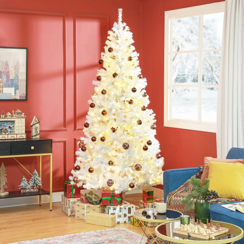 HOMCOM 7.5 FT Tall PreLit Artificial Christmas Tree with Realistic Branches, 500 Warm White LED Lights and 1346 Tips, White