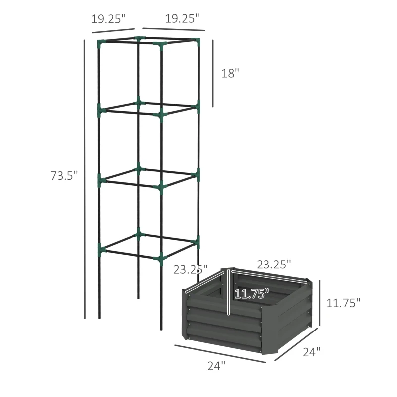 Outsunny Galvanized Planter Box, 24" x 24" x 73.5" Raised Garden Bed with Tomato Cage for Climbing Vines, Dark Gray