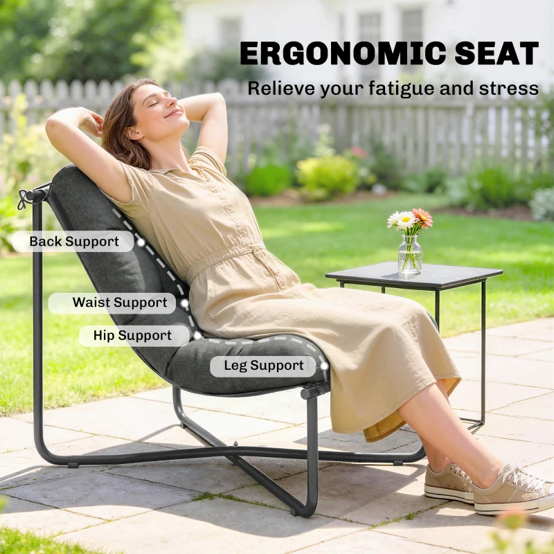 Outsunny Outdoor Patio Chair, Comfy Sling Lounge Chair with Cushion, Breathable Wide Seat, Steel Frame, Dark Grey