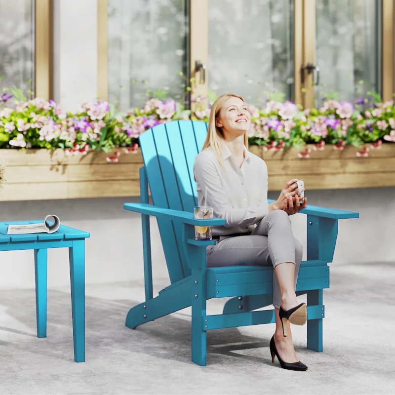 Outsunny Classic Adirondack Chair Muskoka Chair, Garden Deck Chair with Cup Holder for Patio, Indoor, Backyard, Turquoise