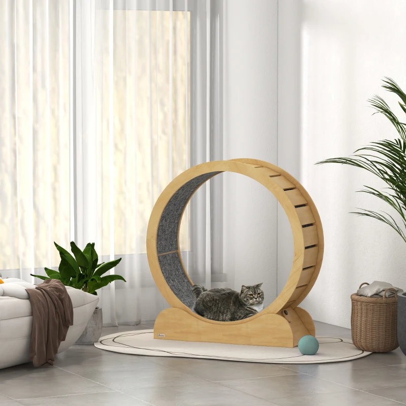 PawHut 39" Cat Exercise Wheel with Natural Wood Grain
