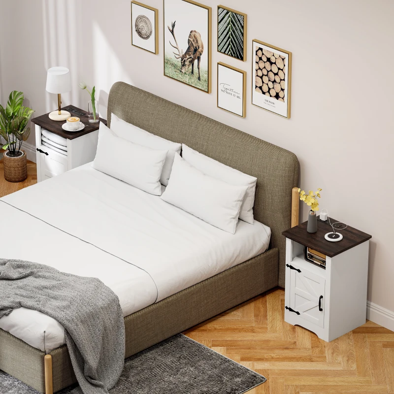 HOMCOM Set of 2 Side Tables, Night Stands with Charging Outlets, White