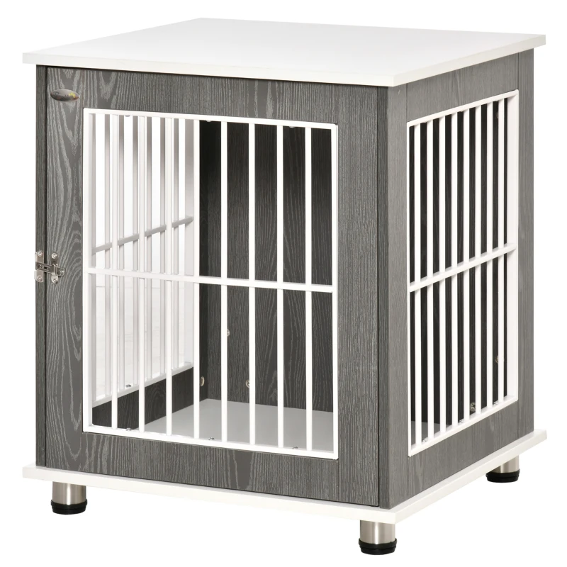 PawHut Wooden Dog Kennel, Furniture End Table with Lockable Door, Small Size Pet Crate Indoor Animal Cage, Grey