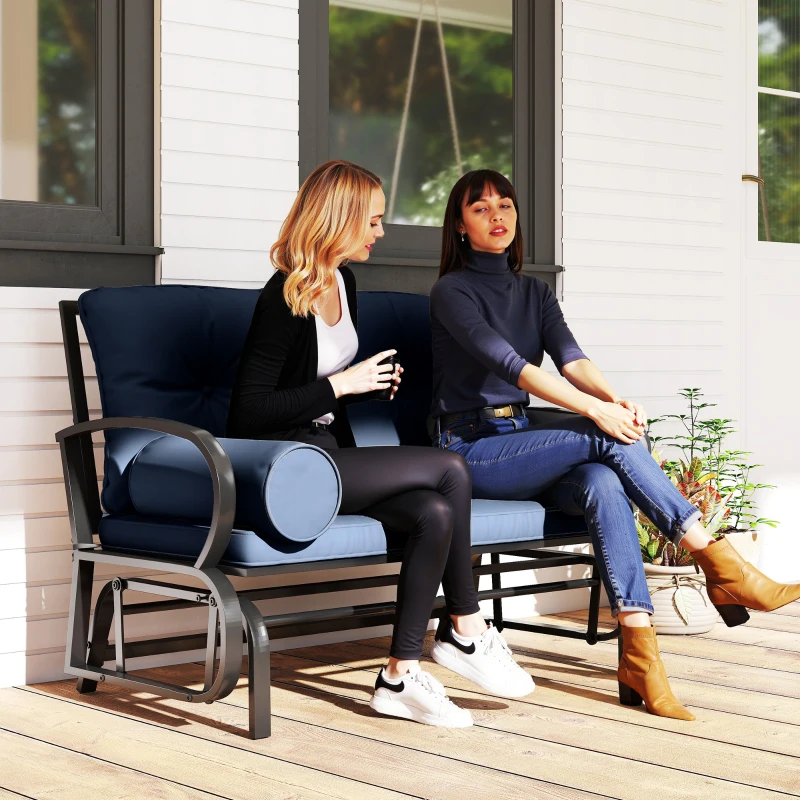 Outsunny Swing Glider Rocking Chair, Double Patio Bench, 2 Person Loveseat with Steel Frame, Cushions, Pillow Armrests, Blue