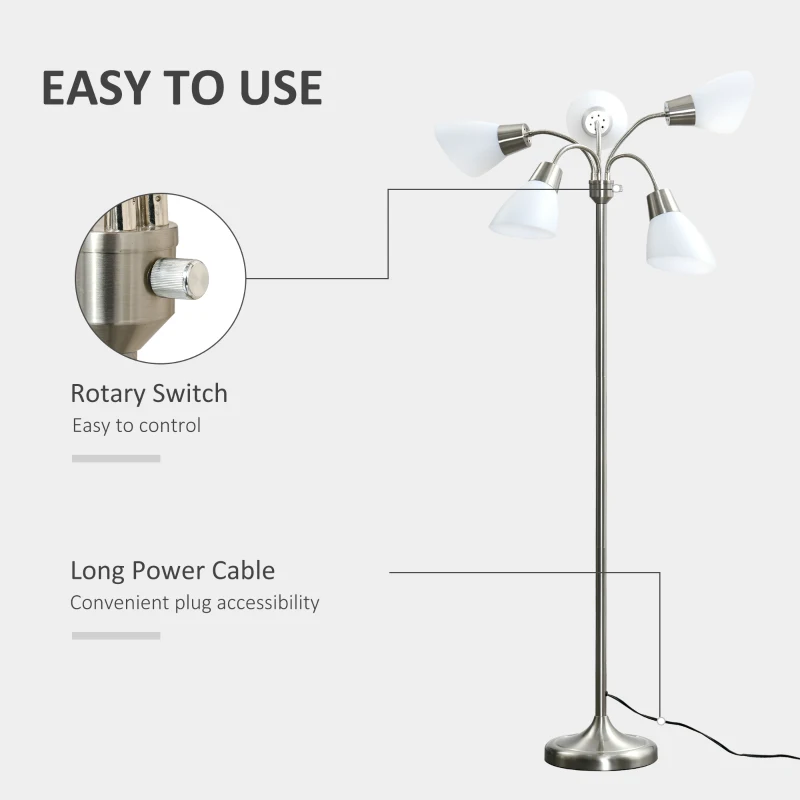HOMCOM Arc Tree Floor Lamp with 5 Adjustable Rotating Lights, Modern Standing Gooseneck Reading Light for Living Room Bedroom Office, Satin Nickel