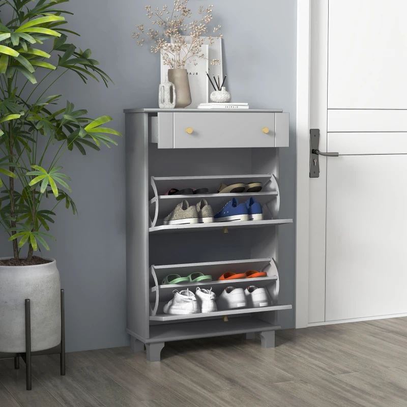 HOMCOM Slim Shoe Storage with 2 Flip Drawers and Adjustable Shelves Shoe Cabinet Organizer for 8 Pair, Grey