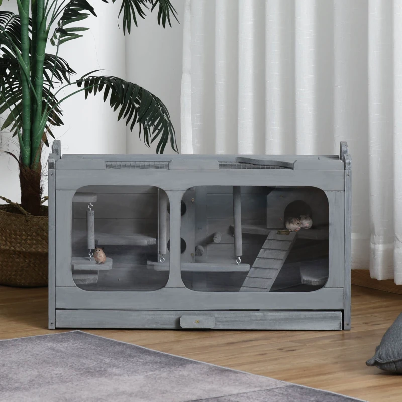 PawHut Wooden Extra Large Hamster Cage with Swings, Small Animal Cage and Habitat with Jumping Platforms, Hamster Habitat, Rats, Mice, Pull-Out Tray